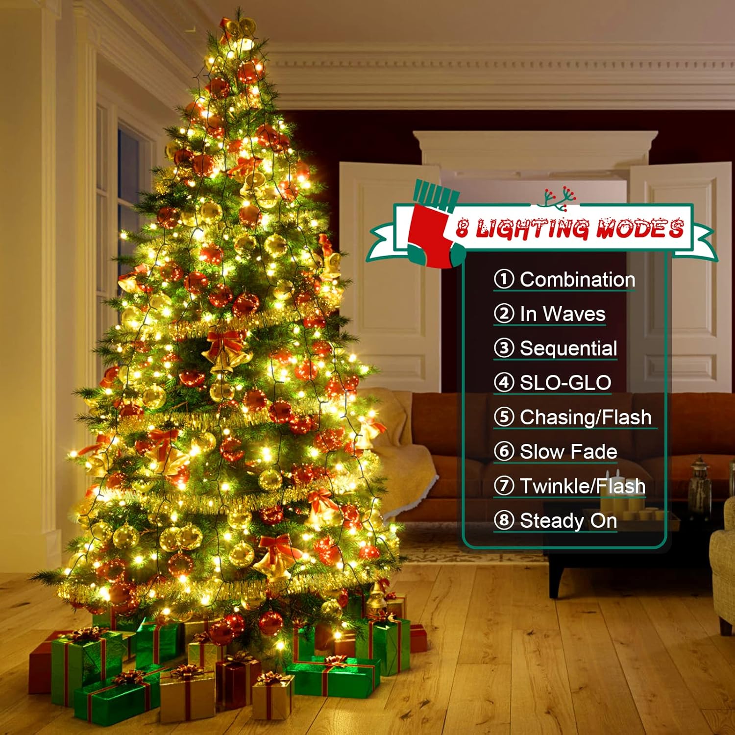 400 LED Christmas Fairy Lights – Warm White, Mains Powered, 8 Lighting Modes, IP44 Waterproof