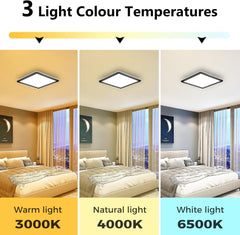 22cm Black LED Ceiling Light, 18W 1950LM Modern Square Flush Mount Fixture, Waterproof 3000K/4000K/6500K Lamp for Bathroom, Kitchen, Hallway, Bedroom, Porch, Toilet