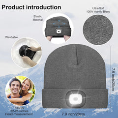 Gray beanie with LED light, features highlighted on a blue background