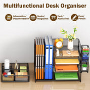 5-Tier Desk Organiser with Drawer & Pen Holders – Mesh File Tray and Magazine Rack, Black
