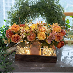 SUNNY BROOK 3PCS Fall Artificial Flowers in Mason Jars with Rustic Tray – Autumn Décor