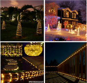 Collage of outdoor string lights used in various settings including a garden, house exterior, steps, and deck.