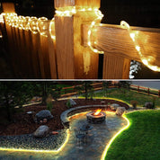 String lights on a wooden fence and a fire pit area with string lights along the pathway.