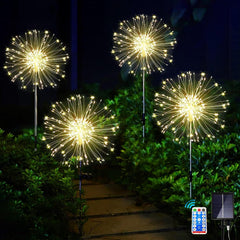 Solar Garden Lights 4 x 120 LED Firework Solar Lights Outdoor Garden, 8 Modes Solar Pathway Lights Waterproof Dandelion Solar Lights for Patio FlowerBoxes Party Decorations - Warm White