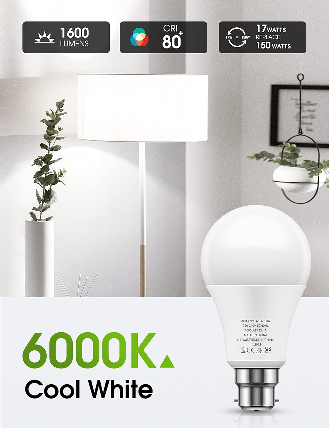 B22 LED Bulbs 17W 150W Equivalent Cool White 6000K 4 Pack