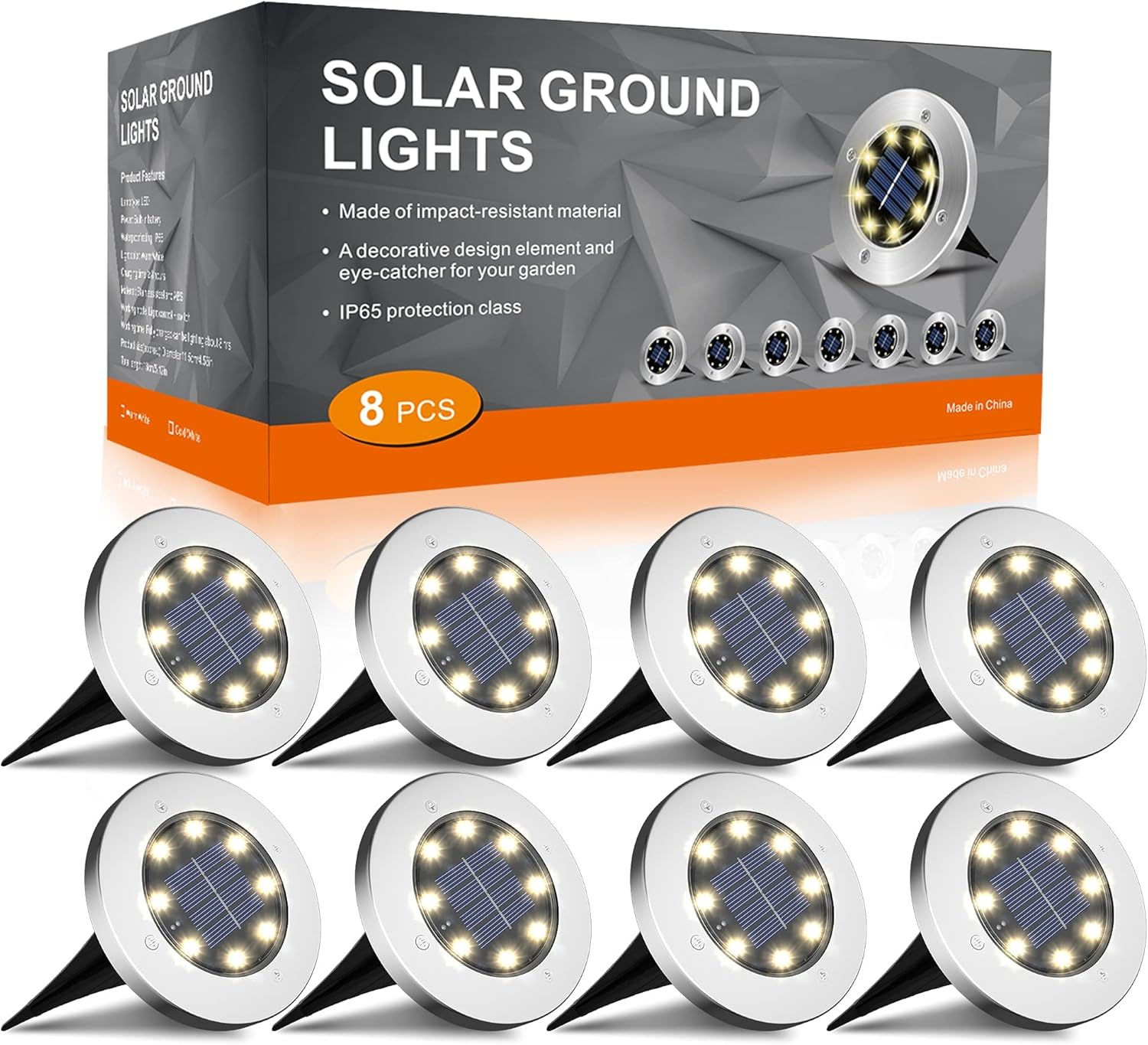 FLOWood Solar Lights Outdoor Garden, Solar Ground Lights, IP65 Waterproof Solar Floor Lights Outdoor Garden, 8 LED Solar Disk Lights for Garden Lawn Pathway Patio Warm White 8 Pcs