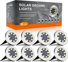 FLOWood Solar Lights Outdoor Garden, Solar Ground Lights, IP65 Waterproof Solar Floor Lights Outdoor Garden, 8 LED Solar Disk Lights for Garden Lawn Pathway Patio Warm White 8 Pcs