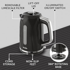 Bold Black Electric Kettle – 1.7L, 3kW Fast Boil, Gloss Textured Finish with Chrome Accents & Easy Clean Design