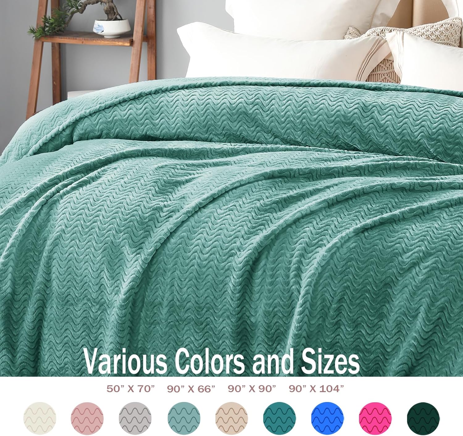 Exclusivo Mezcla Soft Fleece Throw Blanket, Wave Textured Plush, Celadon 127x178cm