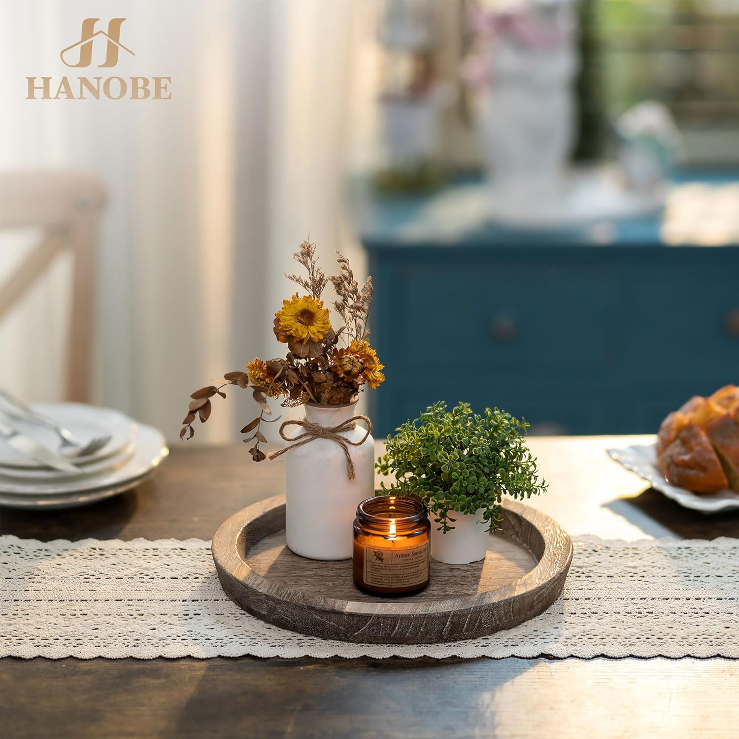 Hanobe Wooden Candle Holder Tray – Rustic Round Decorative Plate for Tealights & Pillars