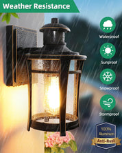 Outdoor wall light fixture with weather resistance features on a rainy day background