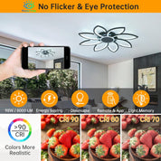 Ceiling light fixture with smartphone showing a design, surrounded by images of strawberries and product features.