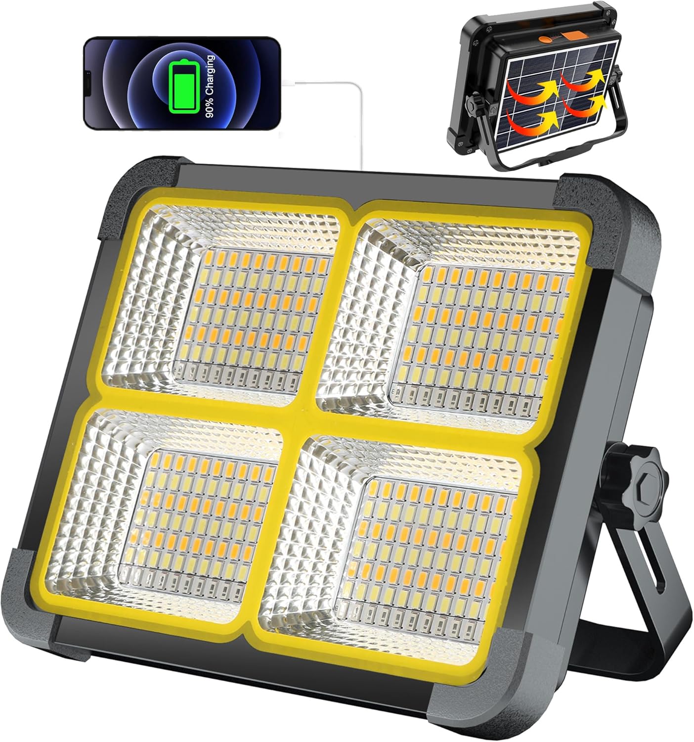 100W Rechargeable Work Light - Portable with Solar Panel, 4 Lighting Modes, 12000mAh Battery, Stepless Dimming, LED Flood Light for Camping and Power Cuts