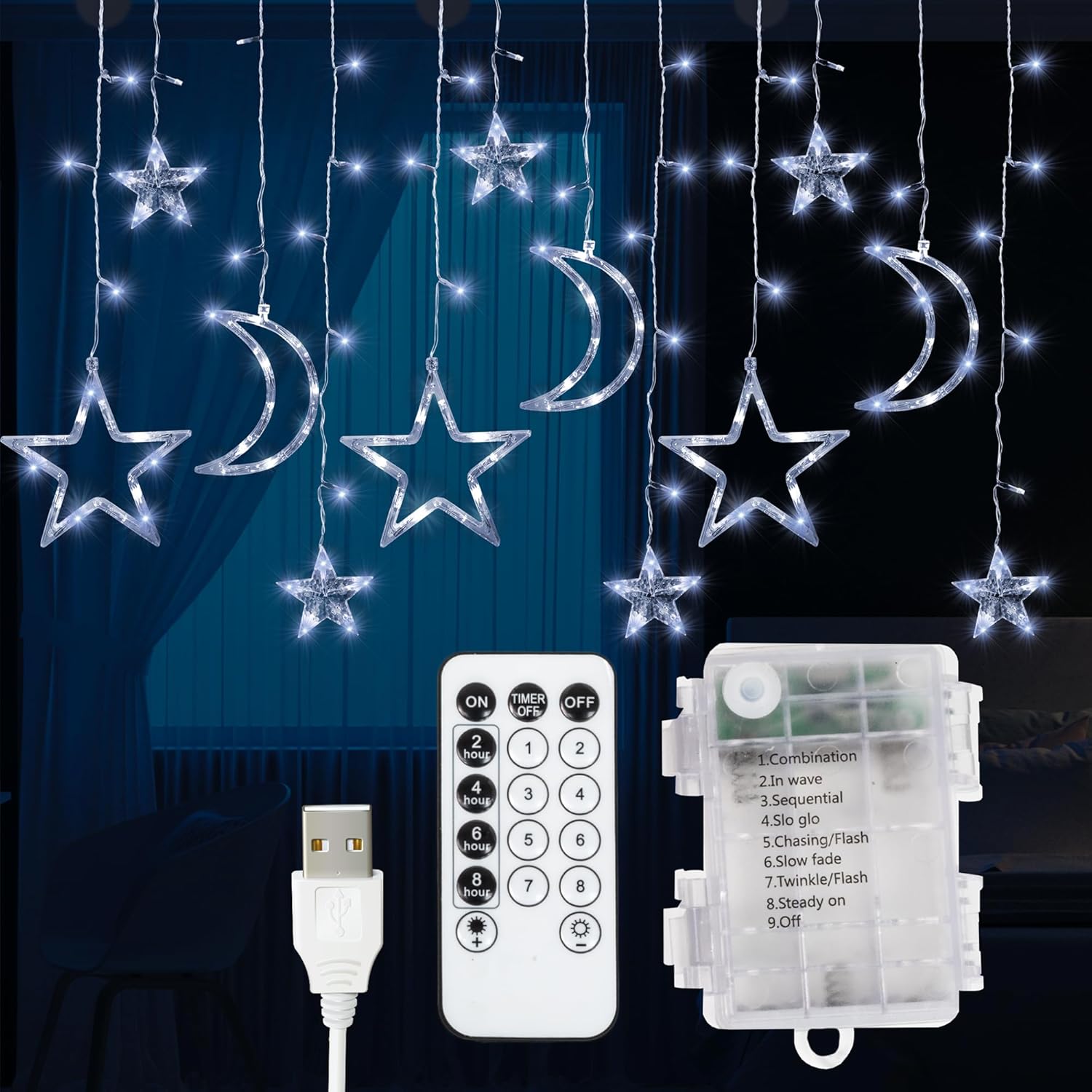 Curtain Lights – 138 LEDs, Battery Operated, Star & Moon Design, 8 Modes, Memory Function for Christmas Window and Decorations