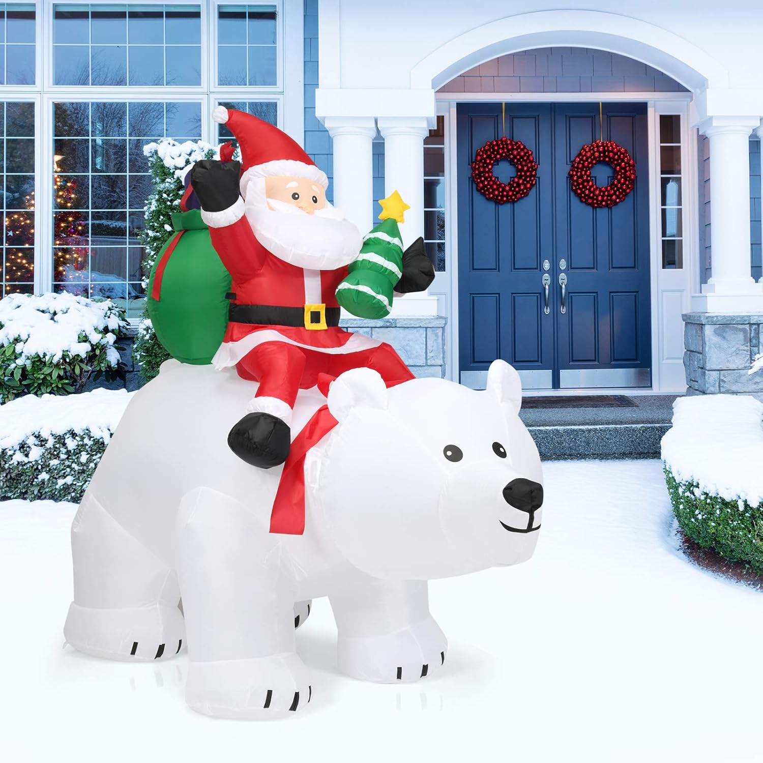 Waterproof 8FT Santa on Polar Bear Inflatable with Built-in LED Lights