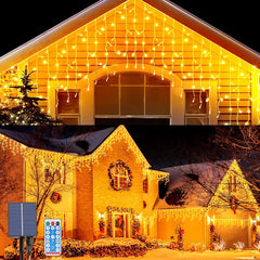 Solar Icicle Lights, 16Ft with 128 LEDs – 8 Modes, Remote Control, IP65 Waterproof, for Window, Garden, and Gazebo