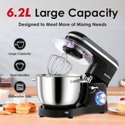 Stand Mixer 6.2L – Electric Food Mixer for Baking with Stainless Steel Bowl, Dough Hook, Wire Whip & Beater – Black