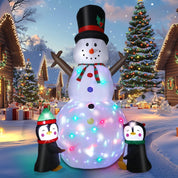 Garden display with inflatable snowman and penguins