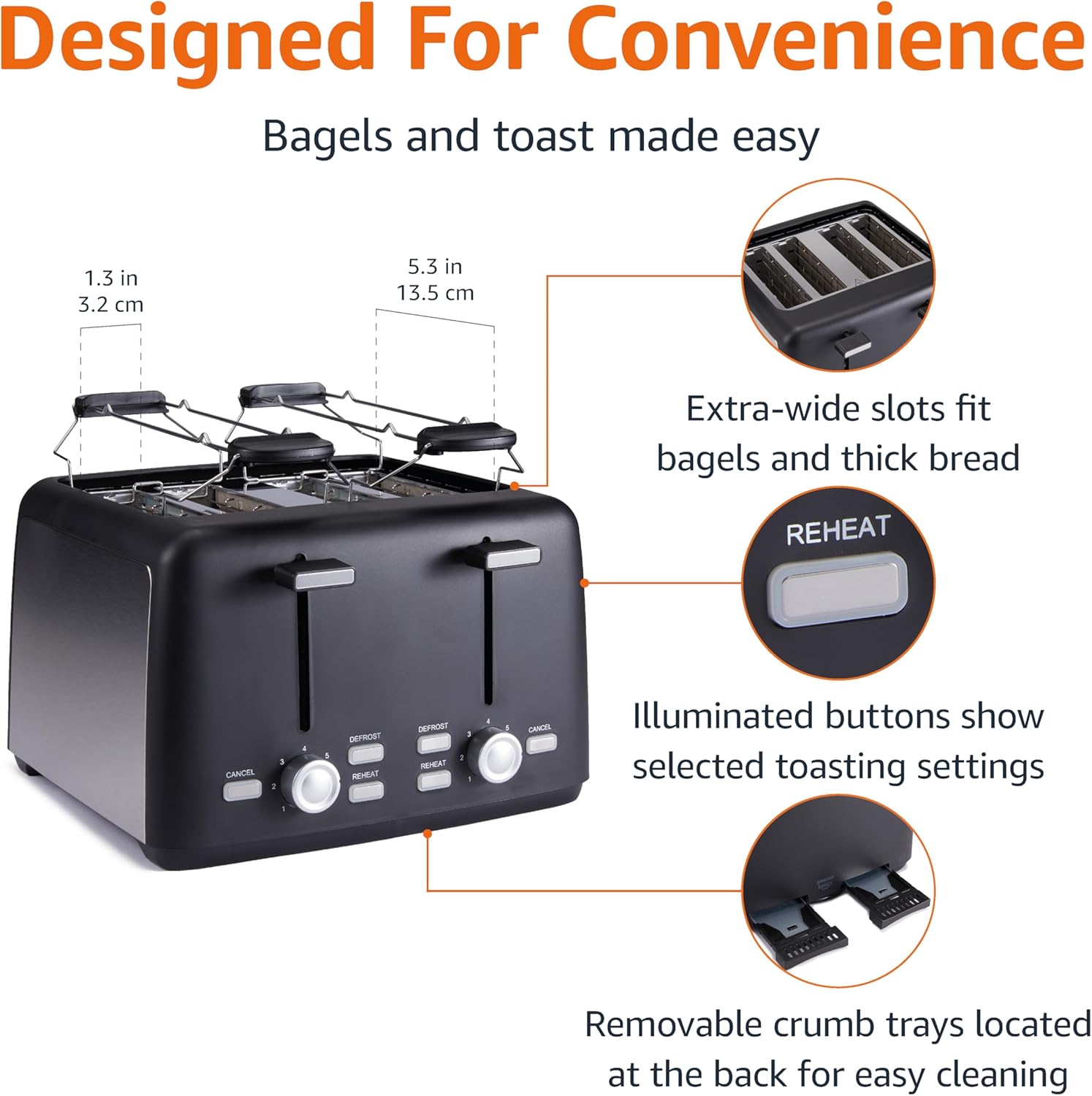 Amazon Basics 4 Slice Toaster 1500W – Extra Wide Slots, 7 Shade Settings, Removable Crumb Tray, High Lift, Black – UK