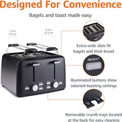 Amazon Basics 4 Slice Toaster 1500W – Extra Wide Slots, 7 Shade Settings, Removable Crumb Tray, High Lift, Black – UK