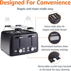 Amazon Basics 4 Slice Toaster 1500W – Extra Wide Slots, 7 Shade Settings, Removable Crumb Tray, High Lift, Black – UK