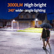 Two people walking in the rain towards a house with text about high bright lighting
