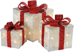 Gift Box Silhouette with 35 Warm White LED Lights and Tinsel Christmas Decoration - White, Set of 3