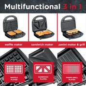 Sensio Home 3-in-1 Waffle, Sandwich & Panini Maker – Interchangeable Plates