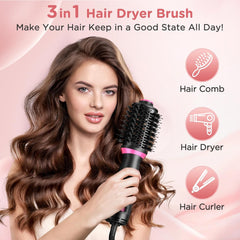 3-in-1 Hair Dryer Brush, Ionic Hot Air Styler, Dual Voltage, 2 Speeds, Frizz-Free
