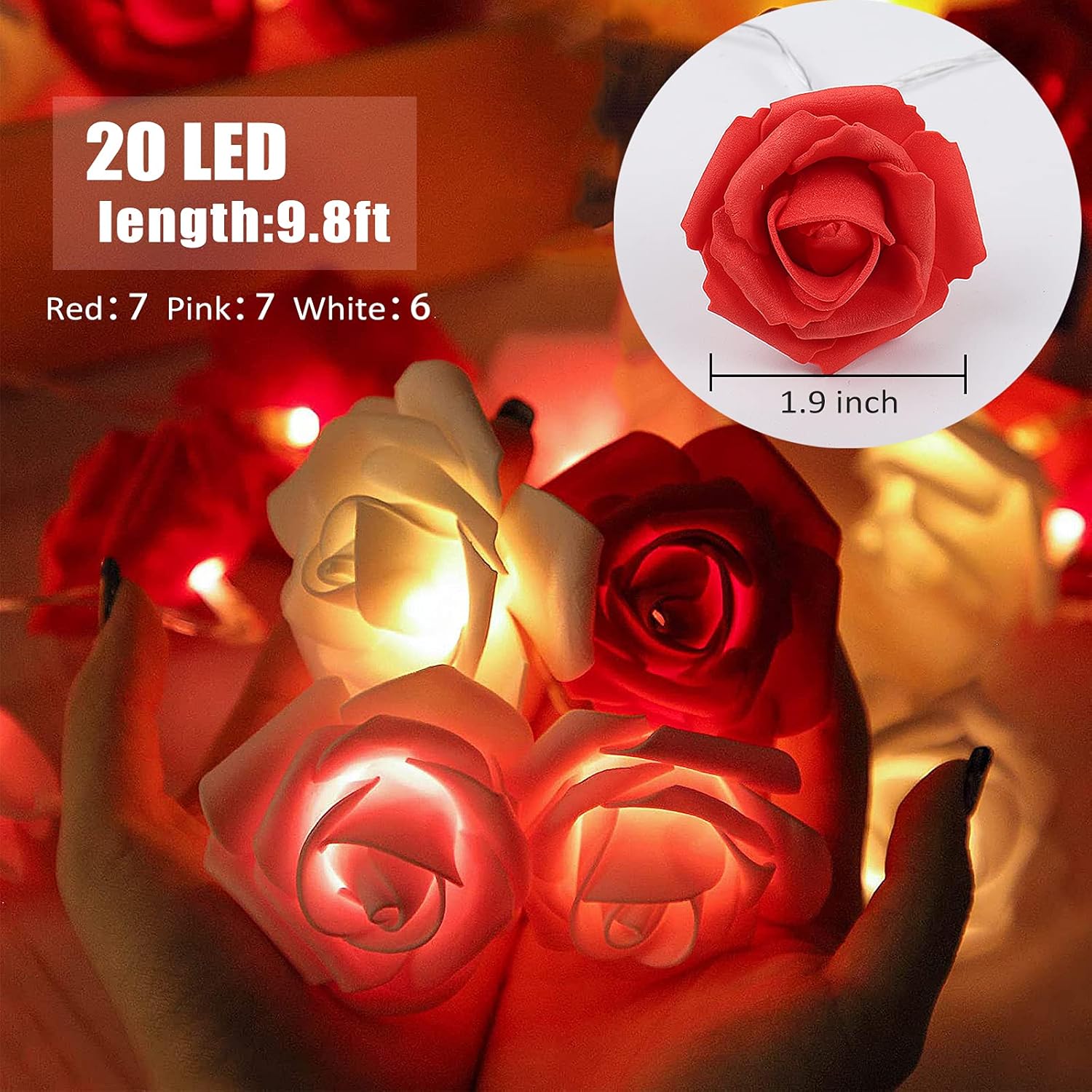 Rose Flower LED String Lights, 9.8ft Battery Operated Fairy Garland for Romantic Home & Event Décor