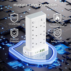 12-Way Tower Extension Lead 3M with 3 USB-C & 3 USB-A Ports, 4 Switches, 13A 3250W