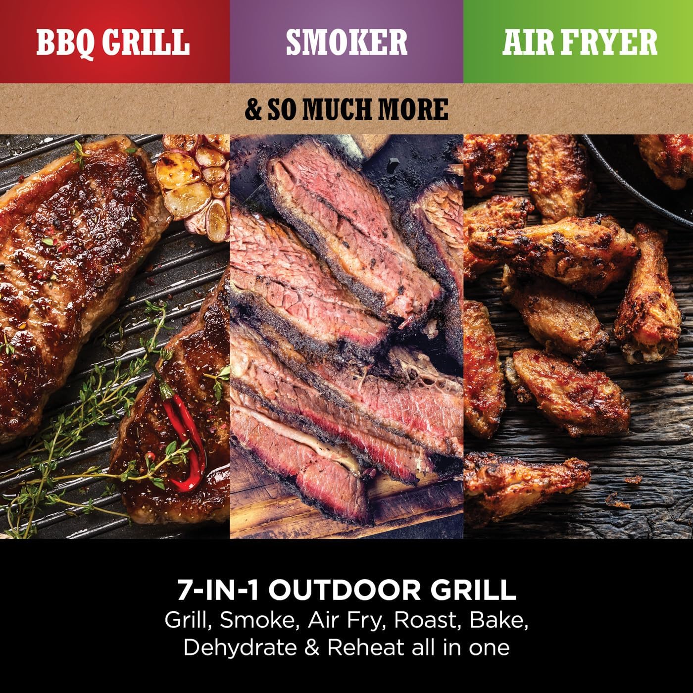 Woodfire Electric BBQ Grill & Smoker – 7-in-1 Outdoor Grill, Air Fryer, Roast, Bake, Dehydrate, Portable, Grey/Black