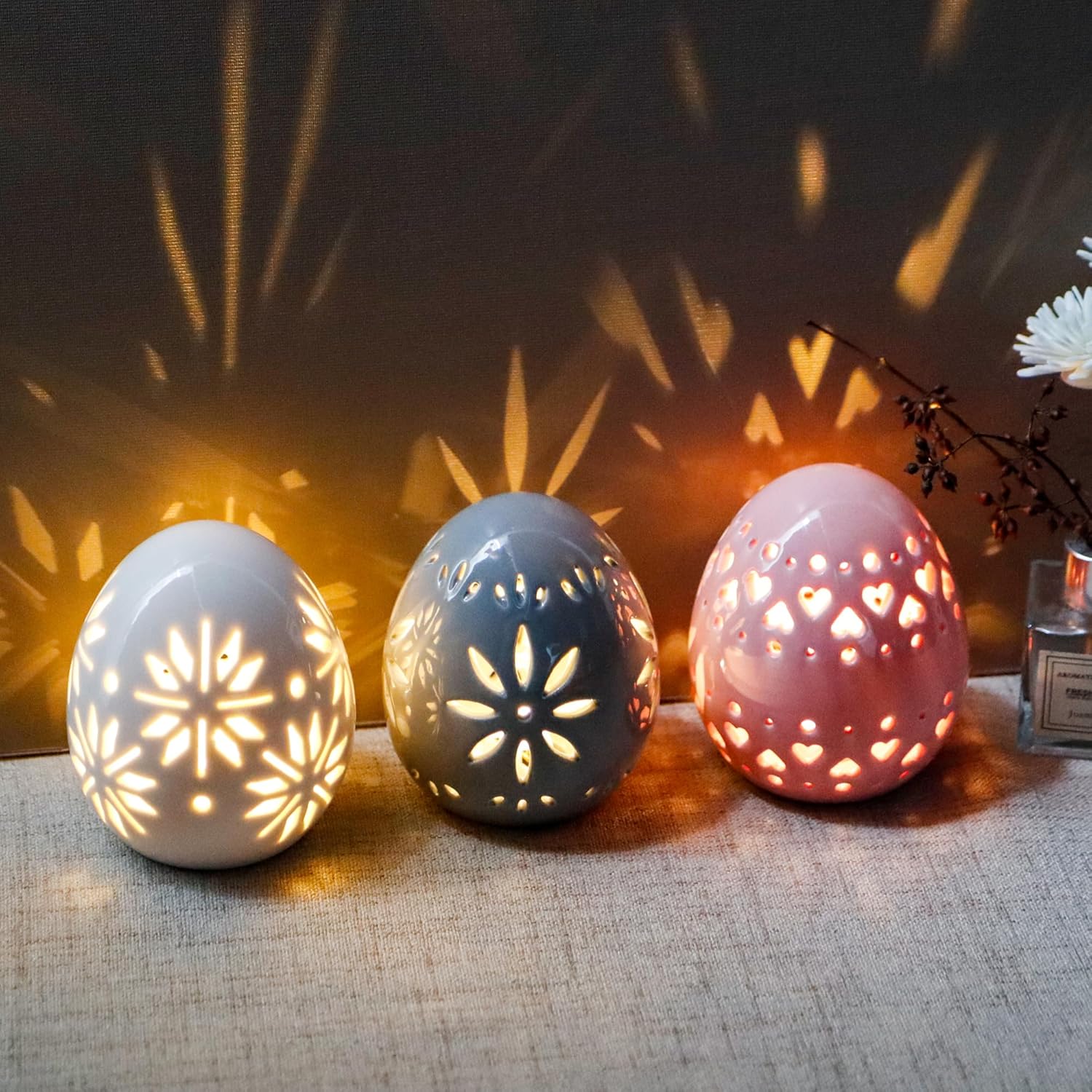 Set of 3 Ceramic Floral Carved Decorative Table Lamps, Battery Powered Cordless Mood Lanterns for Bedroom, Living Room, Weddings & Events (Egg Design)