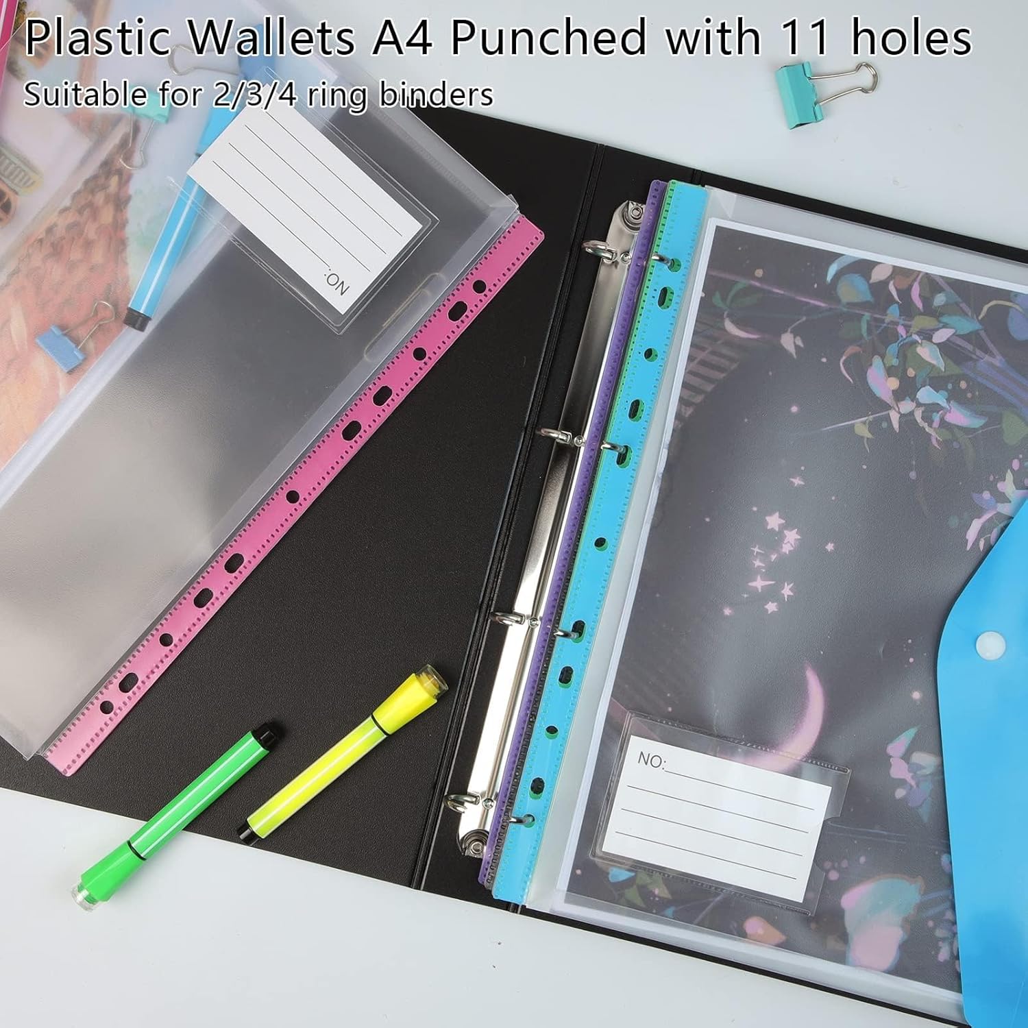 A4 Plastic Wallets, 12pcs Assorted Colours Punched File Folders with Label Pocket
