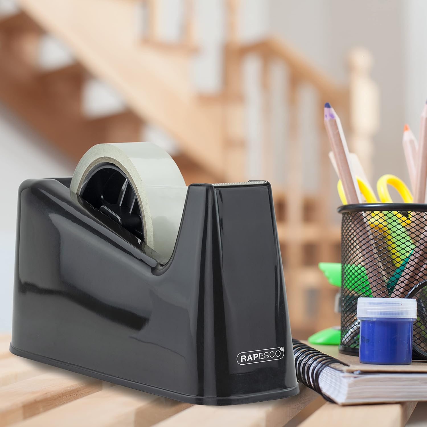 Heavy Duty Black Tape Dispenser with 2 Rolls – Durable Desktop Adhesive Cutter