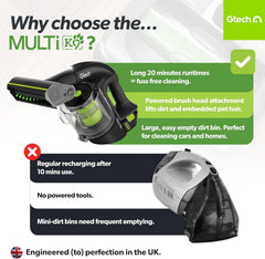 Gtech Multi MK2 K9 Cordless Handheld Vacuum Cleaner – 22V Li-ion Battery, Powered Brush Bar, Reinforced Aluminium Design for Pet Hair & Car Cleaning