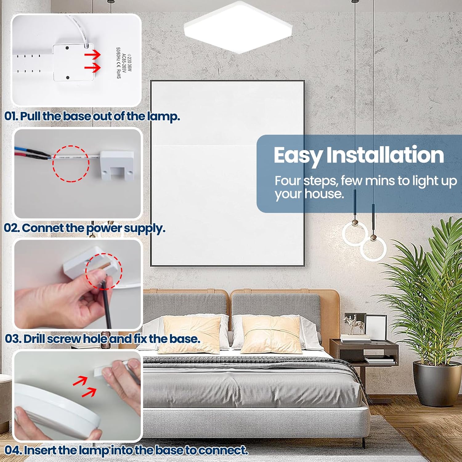 Led Ceiling Light 36W Bathroom Lights Ceiling Square 6500K Daylight Modern White 3240LM Bright IP44 Waterproof Flush Mounted Lighting Fixture for Bedroom Living Room Kitchen Ultra Thin [Energy Class E]