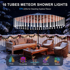 PEMOTech 16-Tube 576 LED Meteor Shower Lights Outdoor Cool White