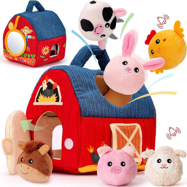 Hahaland Baby Toys 6-12 Months – Farm Animals with Barn, Rattle & Sensory Play