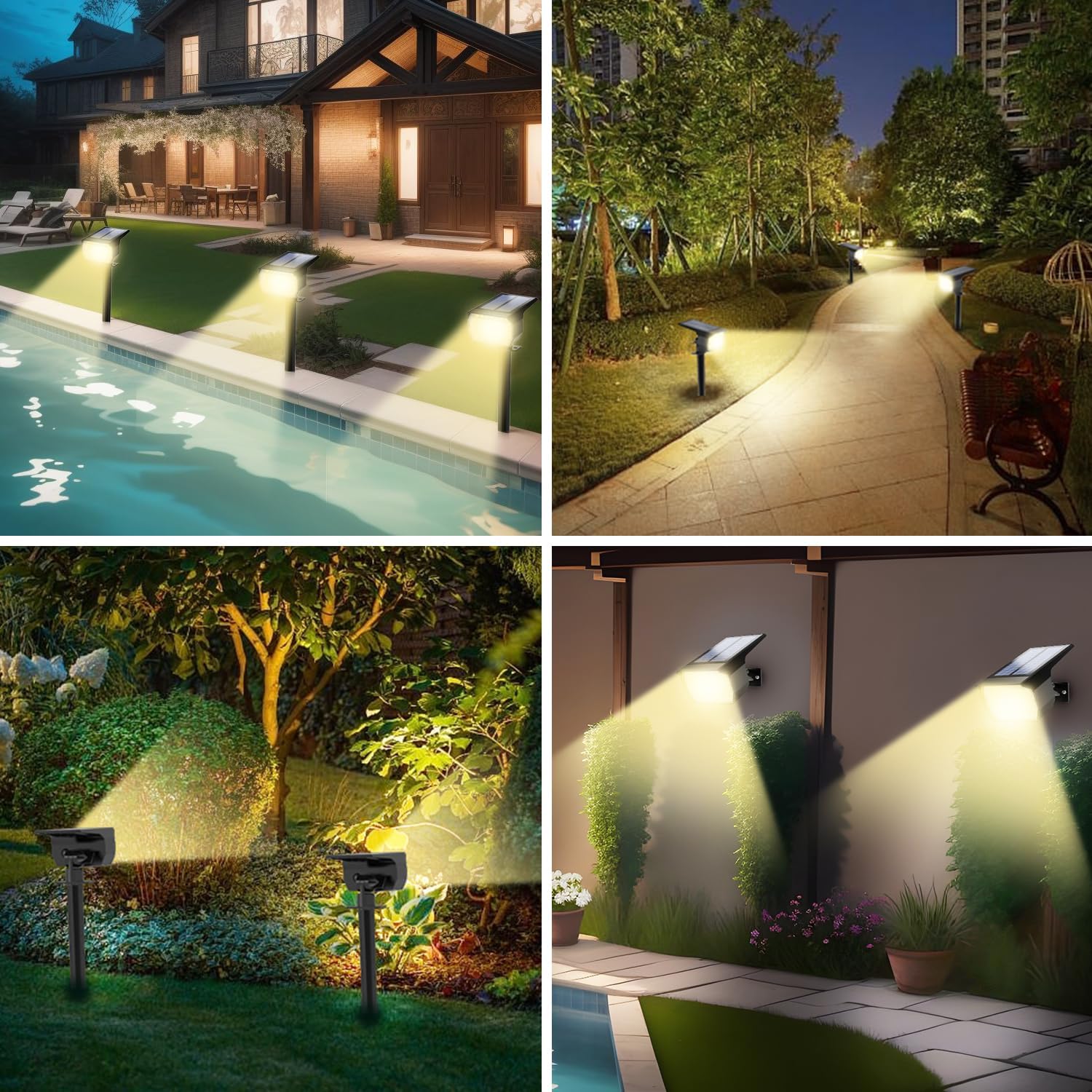 4 Pack Solar Garden Spotlights, 46 LED, IP65 Waterproof, 3000K Warm White, 3 Modes, Solar Powered Landscape Lights for Yard, Driveway, Porch, and Walkway