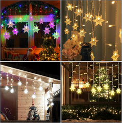 Collage of decorative string lights in various settings including a window, outdoor house, and indoor space.