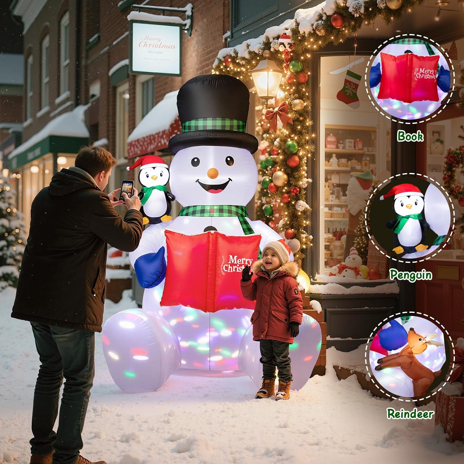 Garden decorated with inflatable snowman LED lights