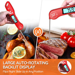 Digital Instant Read Meat Thermometer Red – Ultra Fast, Backlit, Foldable Probe