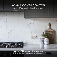BG Electrical Cooker Switch with Socket and LED, Cooker Control Unit, Control Socket, Double Pole, Raised Profile, Round Edges, Nexus Metal, Brushed Steel, Grey Inserts, 45A, NBS70G