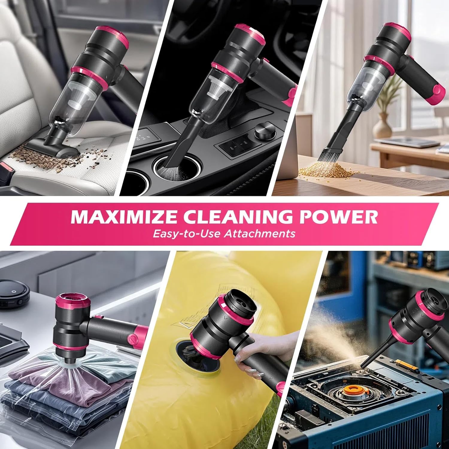 Handheld Car Vacuum Cleaner 15000Pa 4-in-1 Cordless (Pink)
