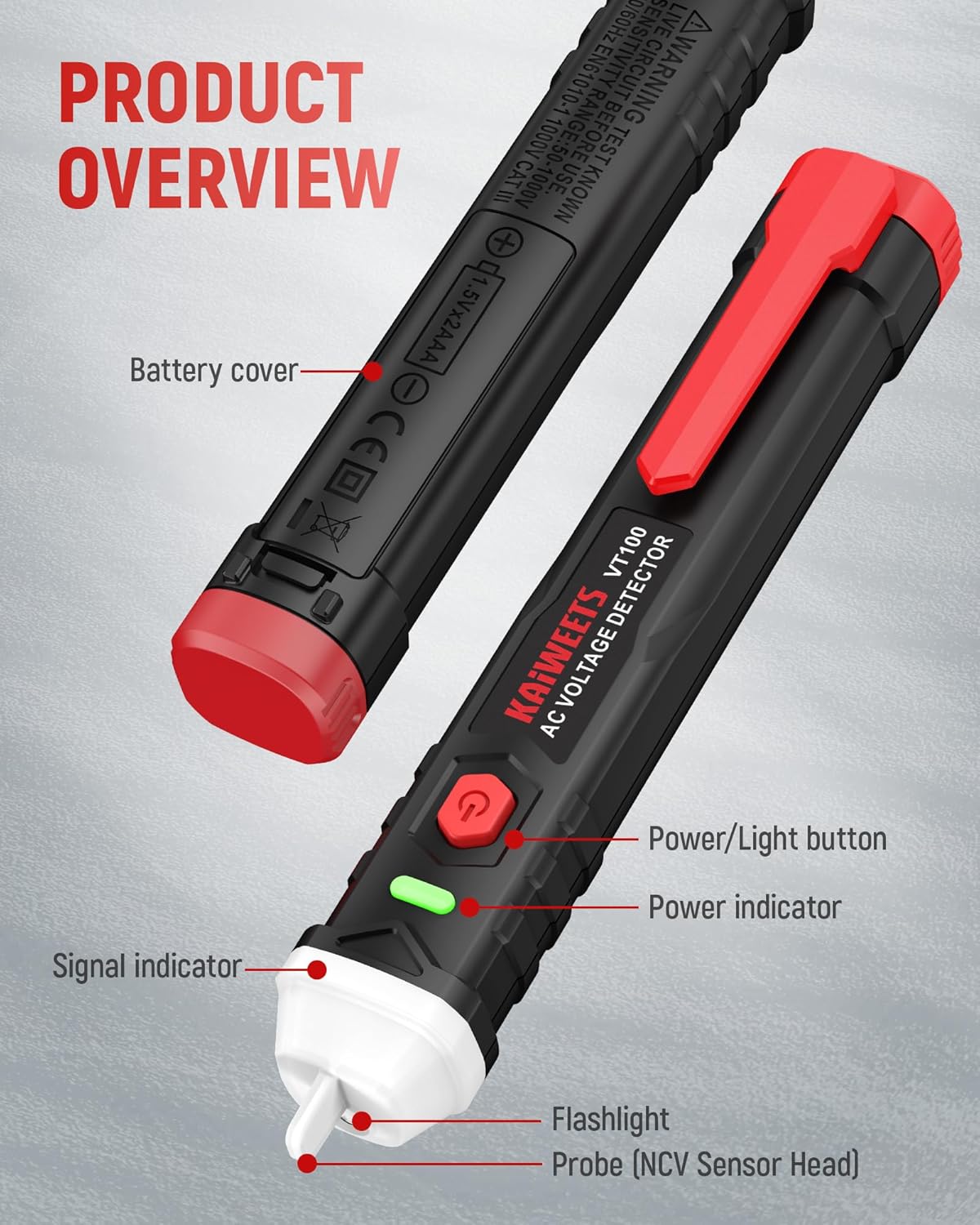 KAIWEETS Voltage Tester, Non Contact Voltage Detector Pen, 50V to 1000V AC, Audible and Flashing LED Alarms, Wire Breakpoint Finder, Electrical Tester with Flashlight, Buzzer Alarm VT100