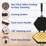 StarBlue Bubble Waffle Maker Pan – Nonstick Egg Waffle Pan with Heat-Resistant Handle, Includes Free Recipe Ebook & Tongs