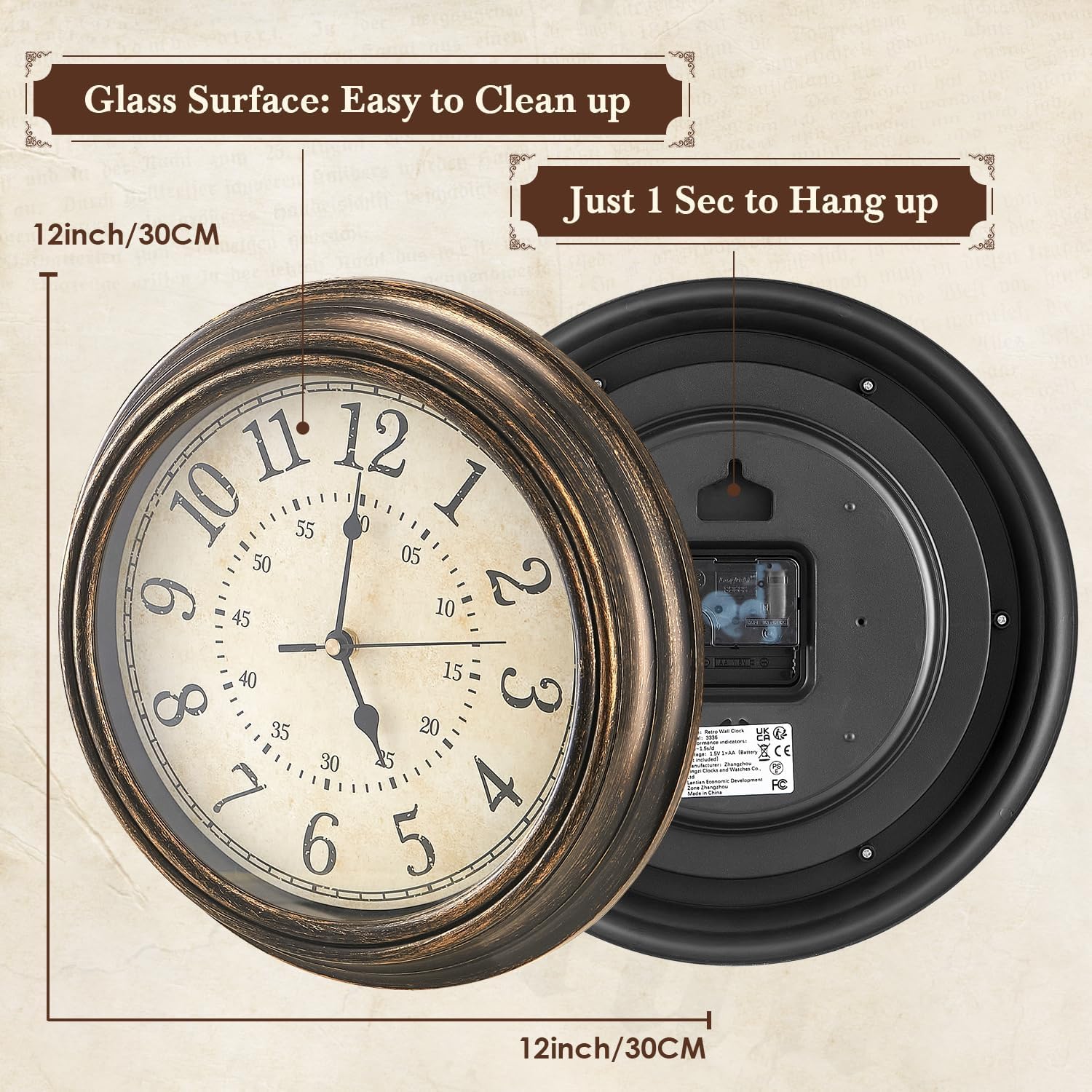 30CM Vintage Silent Wall Clock – Non-Ticking, Easy Read Quartz Clock for Home & Kitchen
