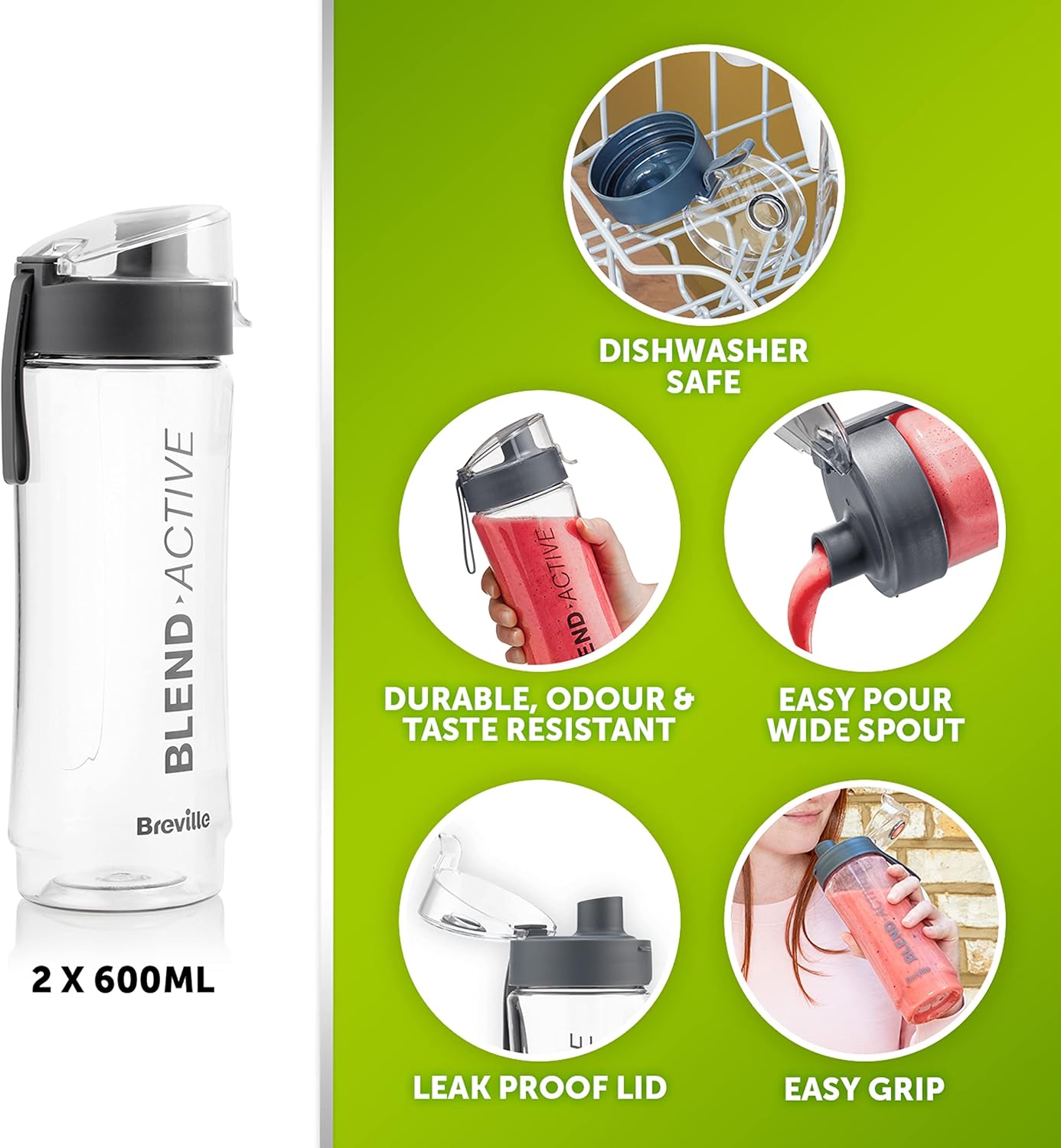 Active Personal Blender & Smoothie Maker – 350W Motor with 2 Portable 600ml Bottles & Leak-Proof Lids – White & Green