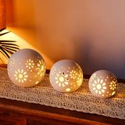 Set of 3 Ceramic Floral Carved Battery Powered Lantern Lamps, Cordless Decorative Table Lights for Living Room, Bedroom, Weddings, Parties & Outdoor Decor (Round)